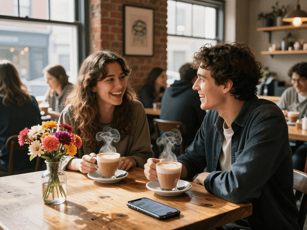 Engaging friends enjoying a spicy chat over steaming mugs in a cozy café.