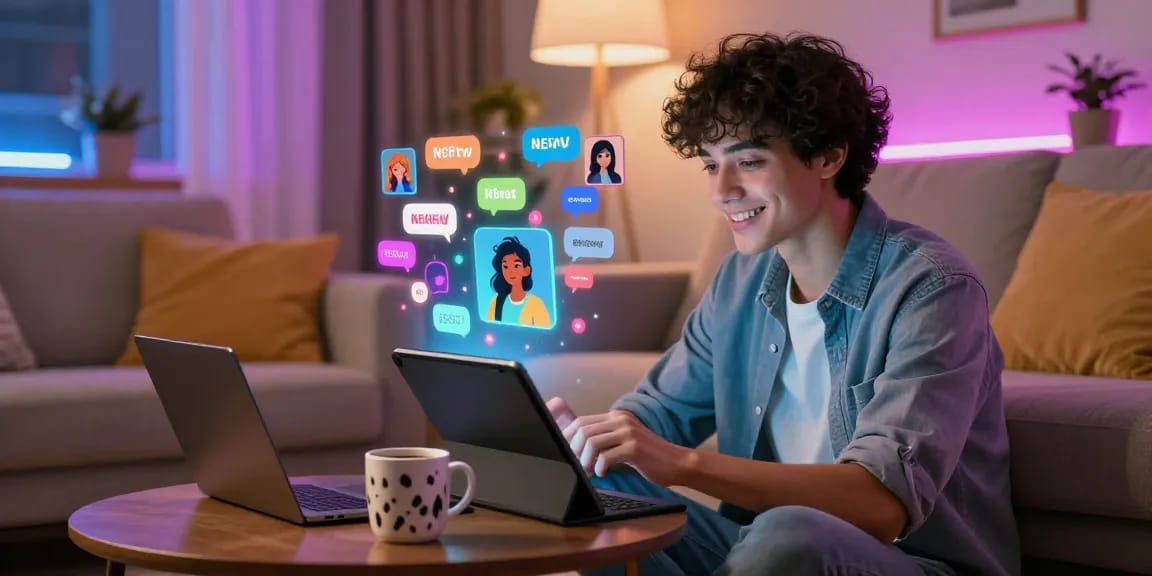 Engaging user enjoying ai nsfw chat with vibrant holographic characters in a cozy ambient room.