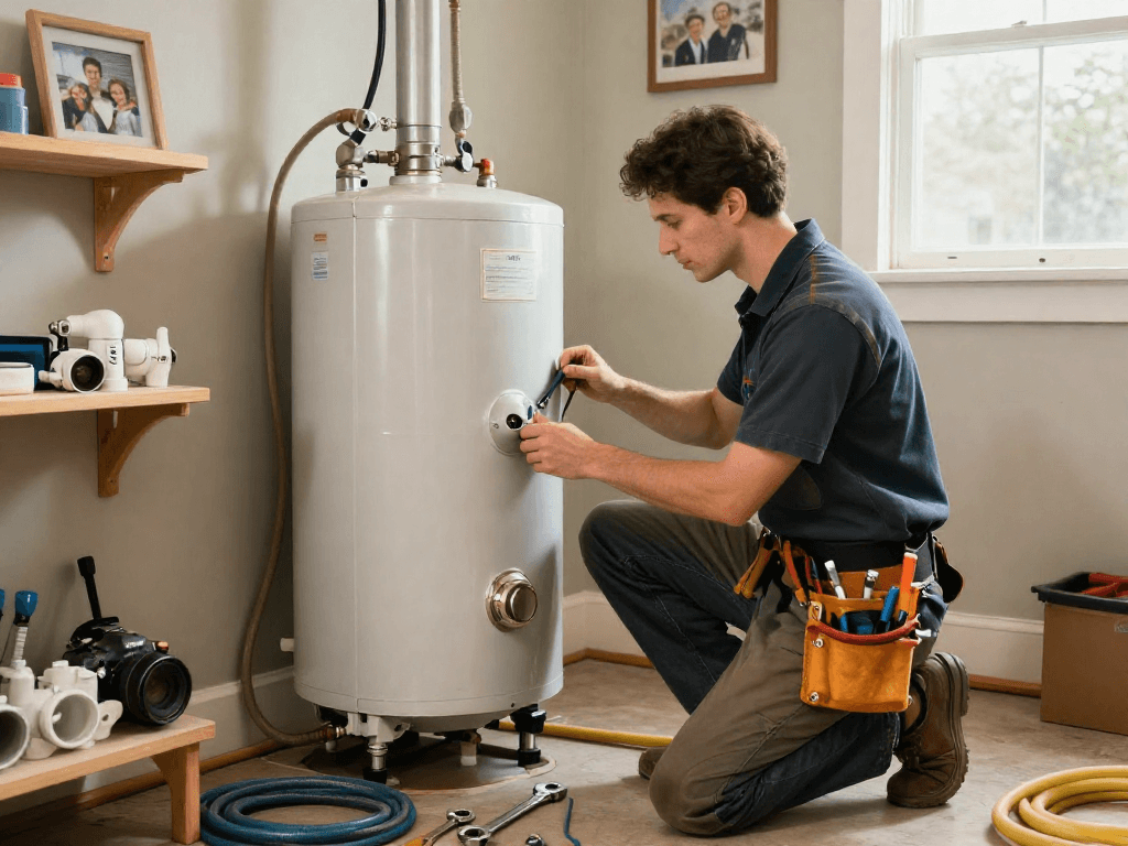 Expert technician performing water heater replacement Fort Worth, showing professional tools and a clean home environment.