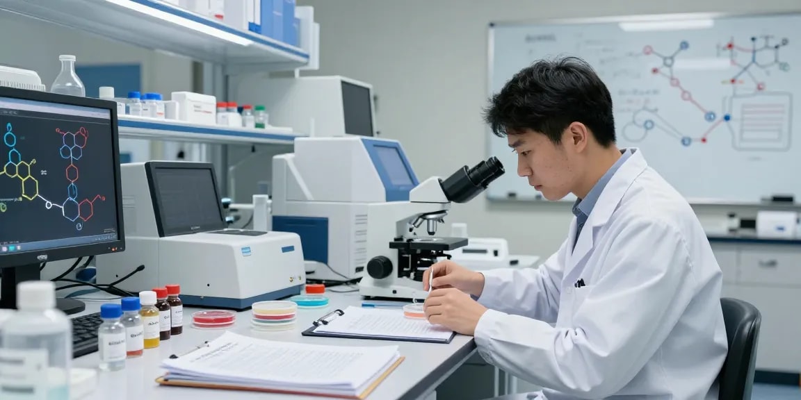 Research peptides for sale showcased in a high-tech lab environment with a scientist conducting experiments.