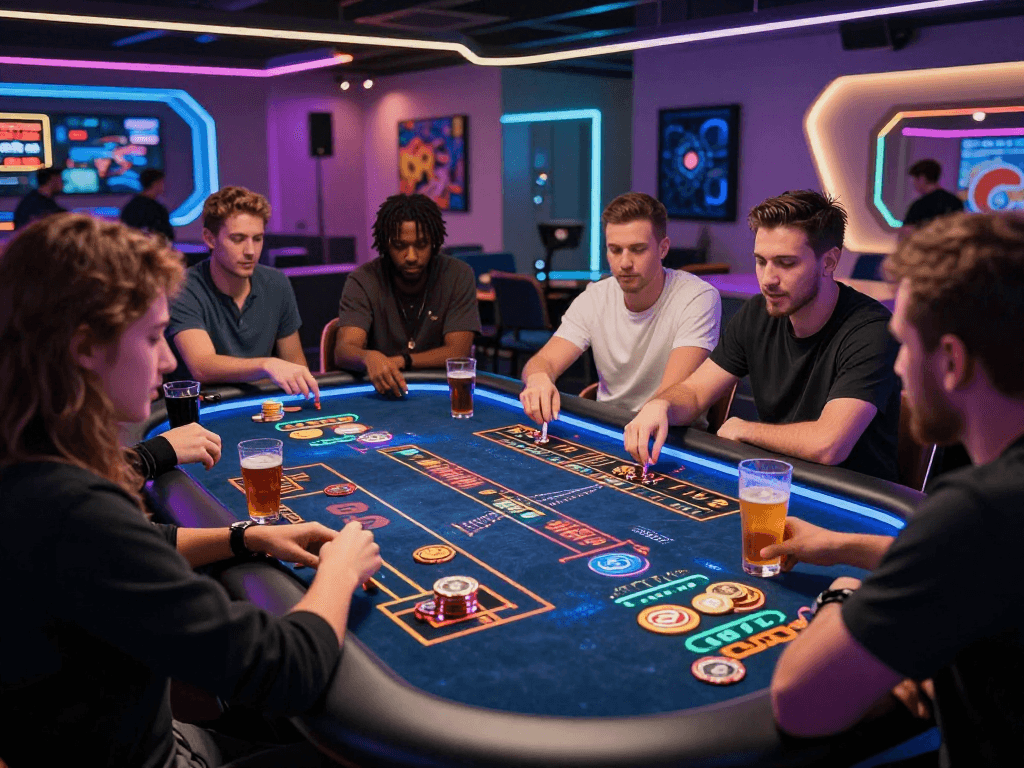 Exciting crypto casino gameplay scene with players at high-tech gaming tables and vibrant lighting.