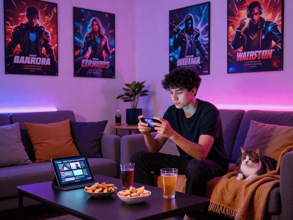 Engaged player enjoying a mobile porn game in a vibrant gaming setup.