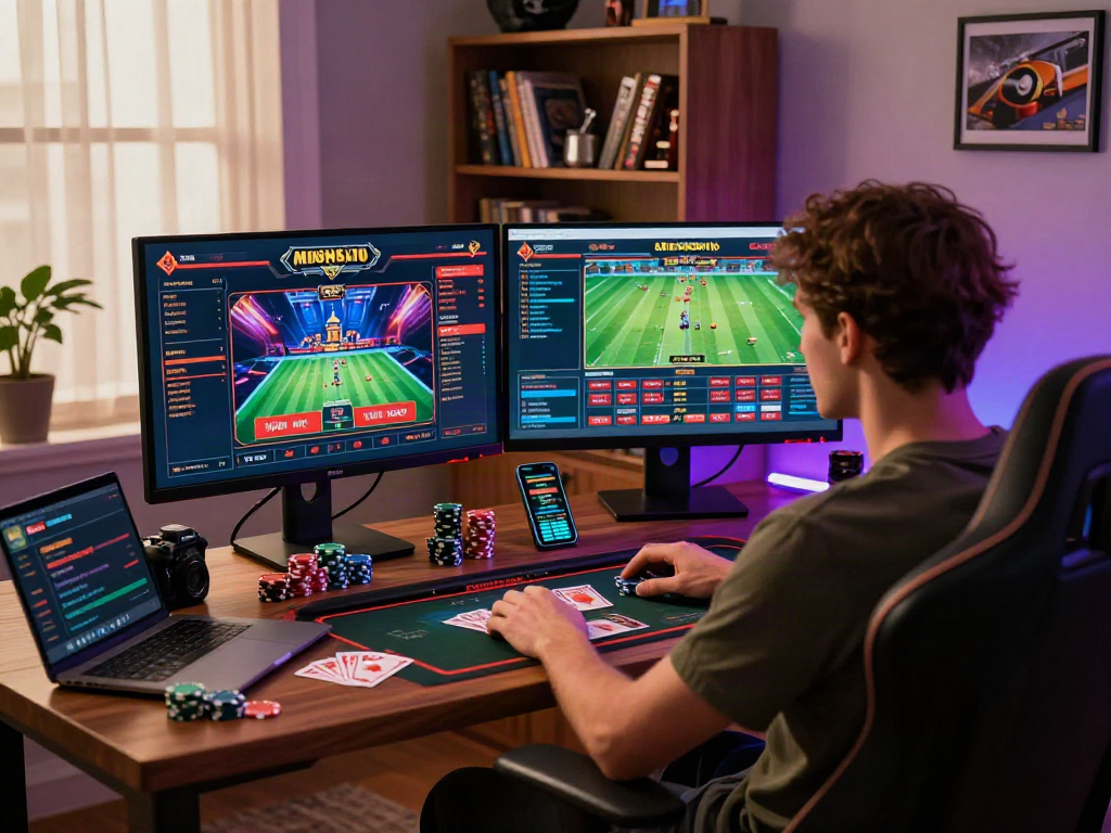 Explore online betting strategies with 토토사이트 검증 먹튀스팟 in a vibrant gaming office.