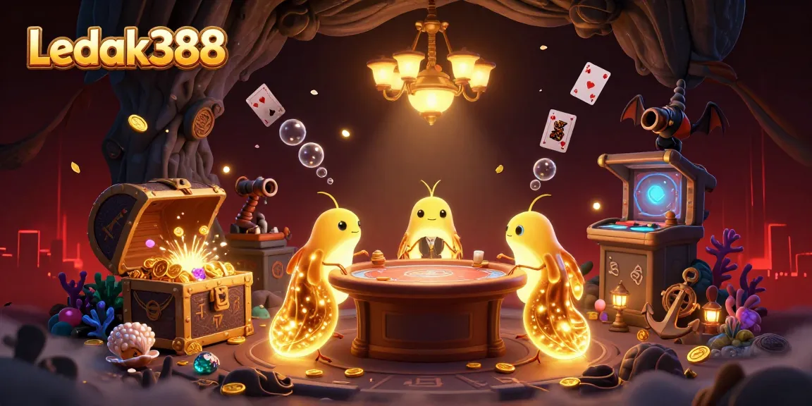 Experience the vibrant glow of Ledak388 in an enchanting casino scene with glowing creatures and rich treasures.