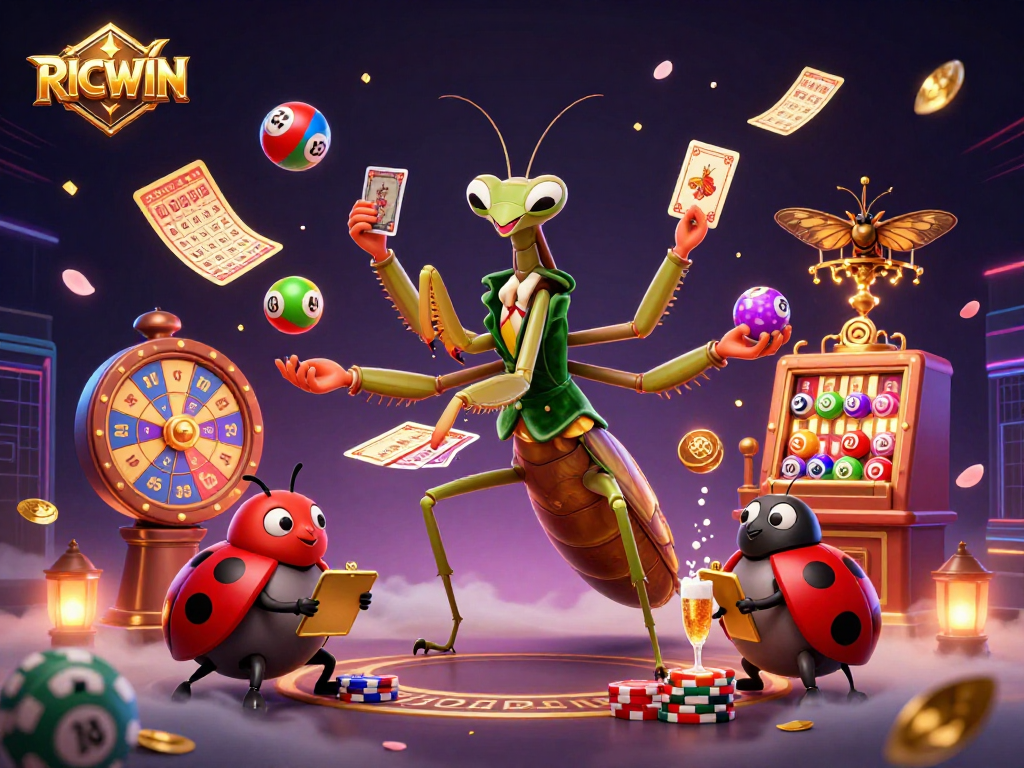 Engage with RICWIN as the giant praying mantis deals cards and pours champagne in a vibrant casino scene.