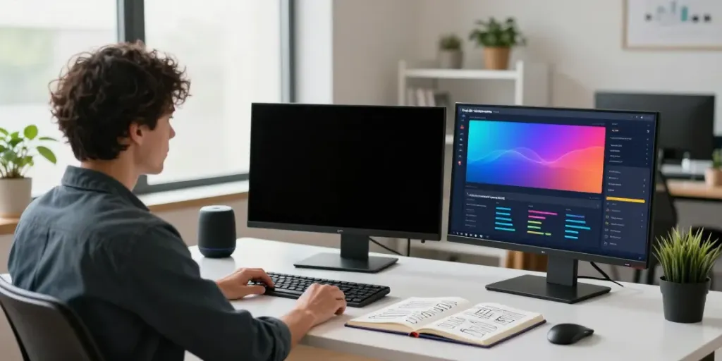 SEO specialist analyzing instant indexing performance on multiple monitors in a modern workspace