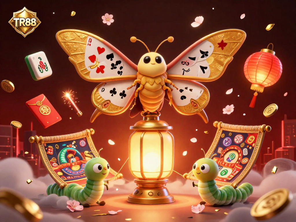 Engage with TR88 and its vibrant casino world featuring a majestic moth with playing cards and golden lanterns.