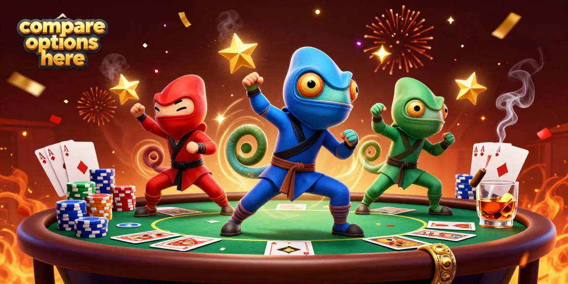 Compare options here with chameleon ninjas engaging in poker action amidst vibrant casino elements.