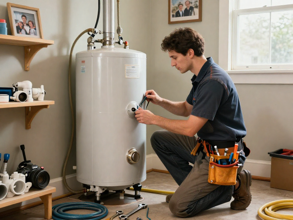 Expert technician performing water heater replacement Fort Worth, showing professional tools and a clean home environment.