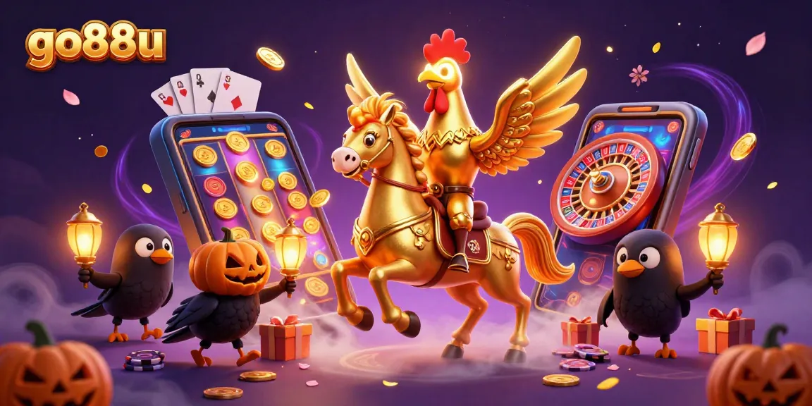 Experience the thrills of go88u with a magical casino scene featuring a golden rooster and vibrant gambling elements.
