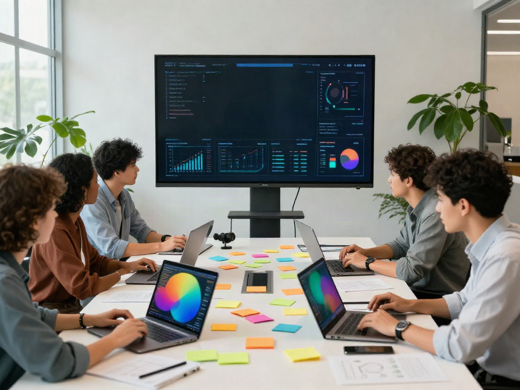 Team collaboration in a modern office, discussing analytics while engaging with 'read more here' content.