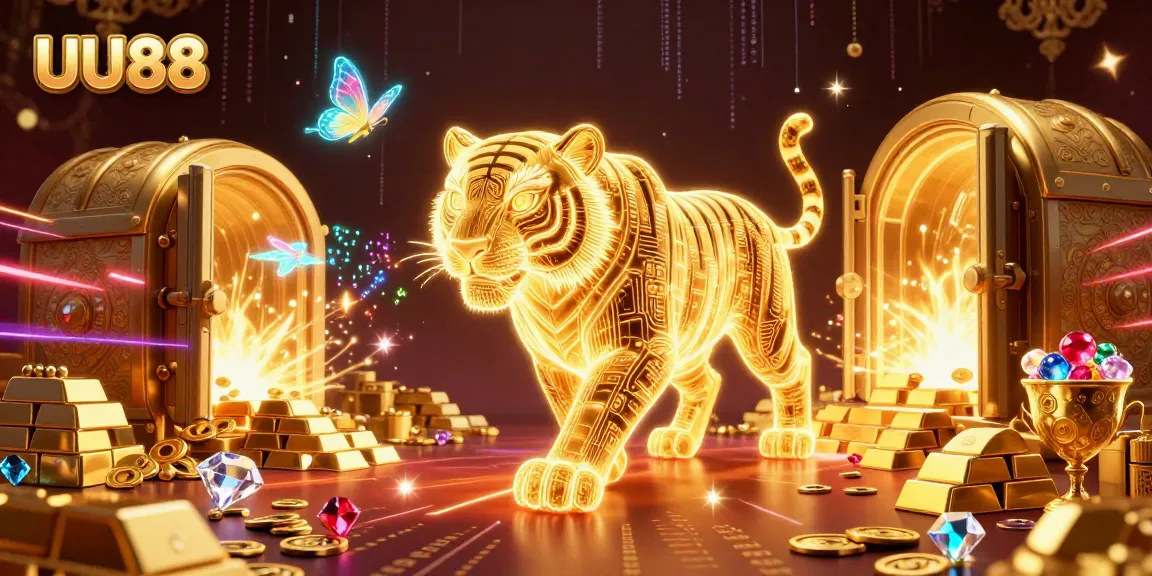 Experience the thrilling digital casino world of UU88 with a golden tiger among treasure and holographic elements.