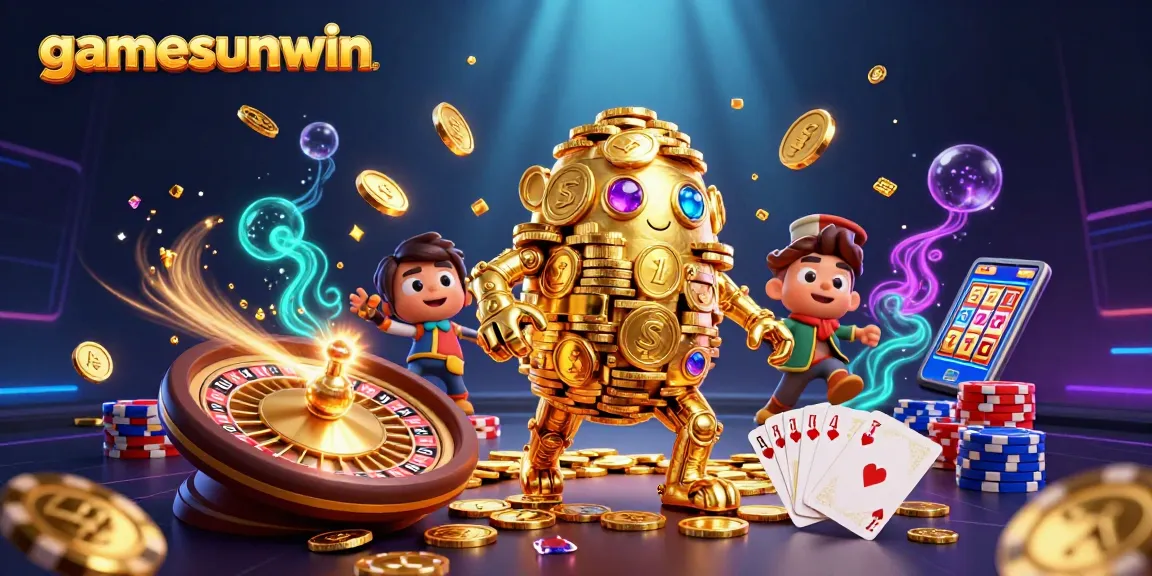 Experience the excitement of gamesunwin with a vibrant scene full of gambling elements.