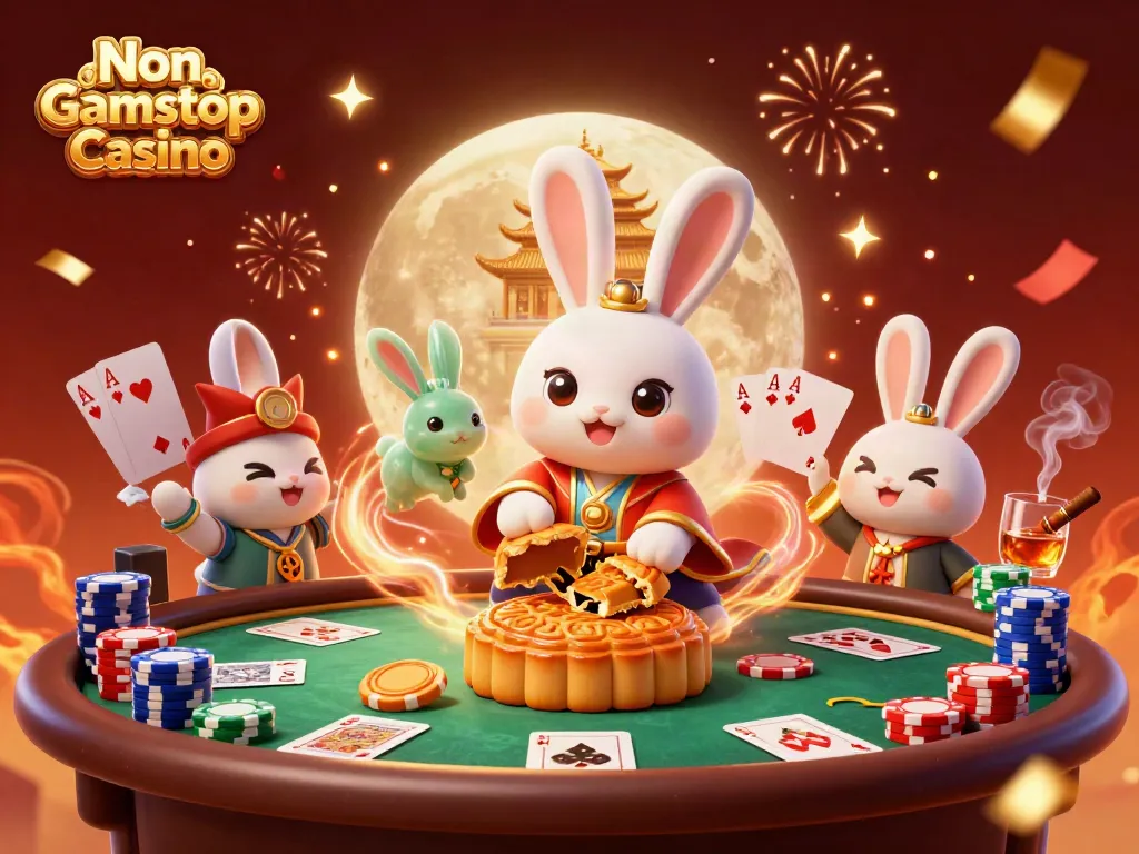 Engaging Non Gamstop Casino scene featuring vibrant moon rabbit characters with poker elements and festive fireworks.