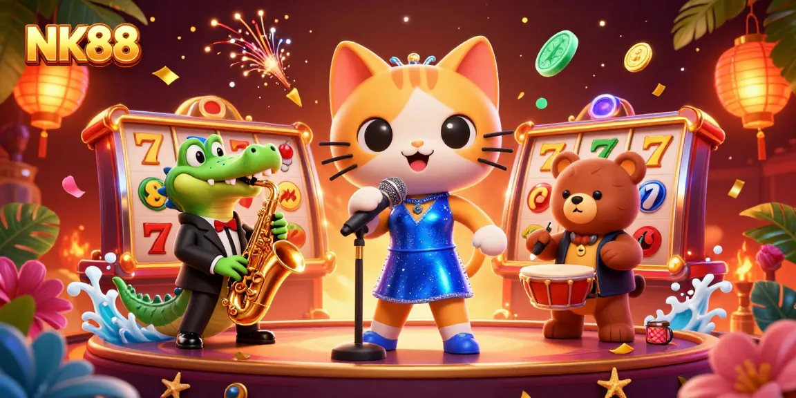 Experience thrilling gaming at NK88 with this vibrant casino scene featuring a jazzy cat, crocodile, and bear.