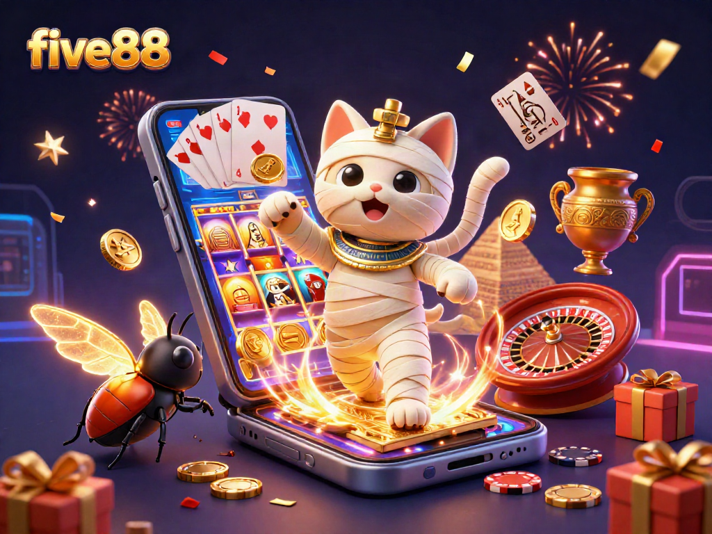 Engaging five88 casino scene with Egyptian characters and vibrant gaming elements.