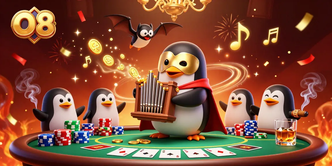 Experience the excitement of O8 with a 3D scene of a phantom penguin at a lively poker table.
