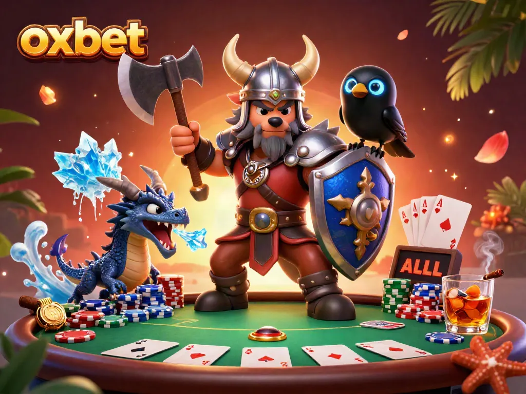 Experience the excitement of oxbet's casino world, with a Viking warrior, dragon, and poker action.