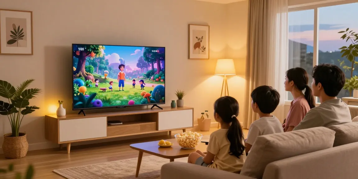 Family enjoying a movie on a mini LED TV in a cozy living room.