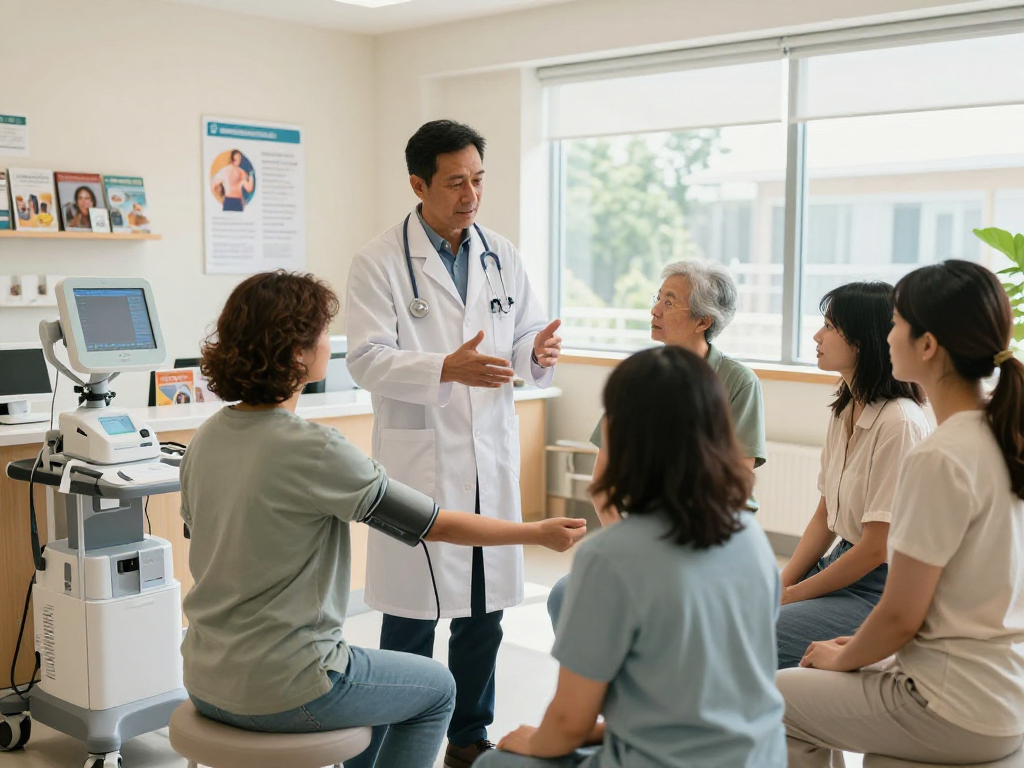 Comprehensive full body checkup Abu Dhabi with diverse patients engaging in health assessments in a modern clinic.