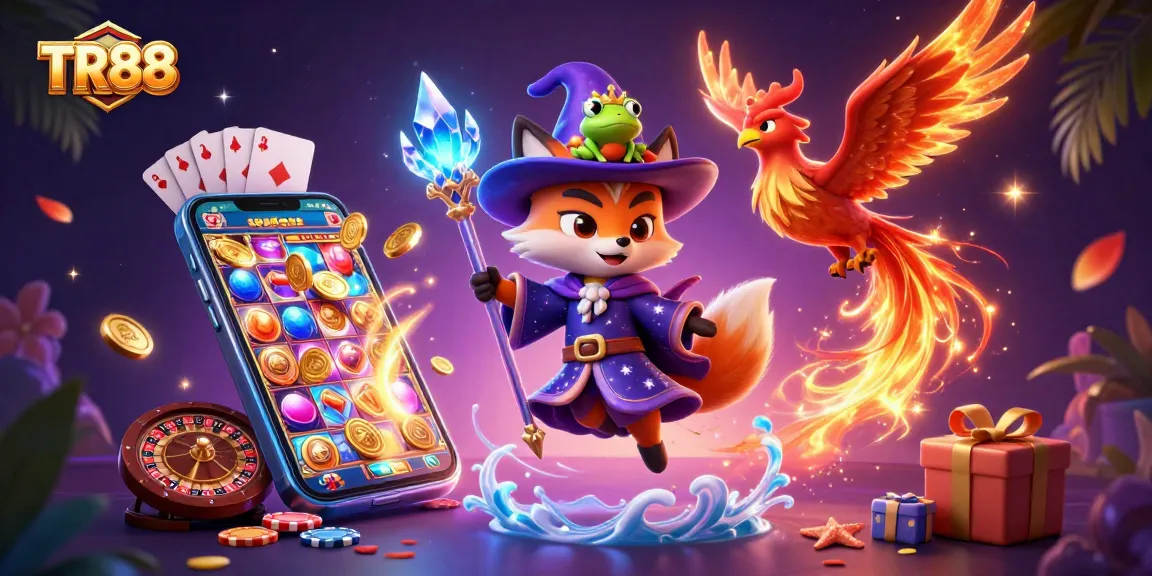 Experience thrilling gameplay at TR88 with a mystical wizard and exciting slot spins in a vibrant casino world.
