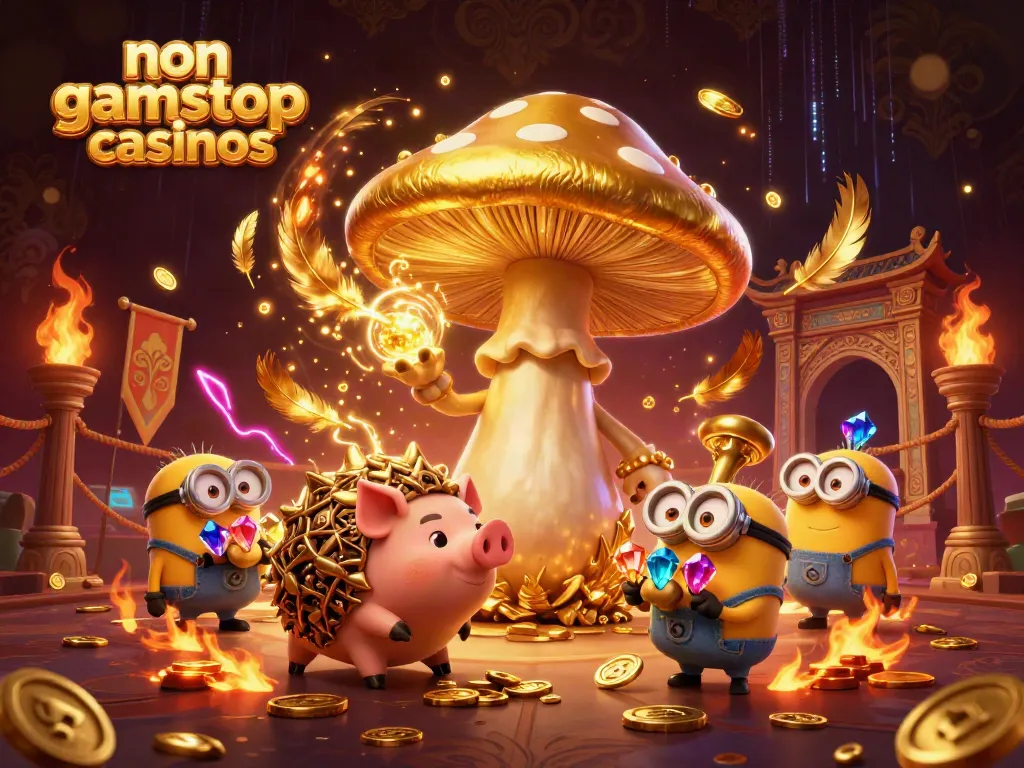 Engage with non gamstop casinos in a magical setting featuring a golden mushroom wizard and treasure.