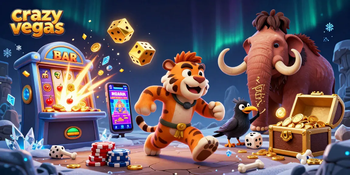 Win big at crazyvegas with a thrilling scene of a caveman casino featuring vibrant slot machines and dynamic game elements.