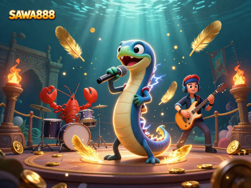 Experience the excitement of SAWA888 with a vibrant underwater casino scene featuring playful characters and dynamic gaming elements.