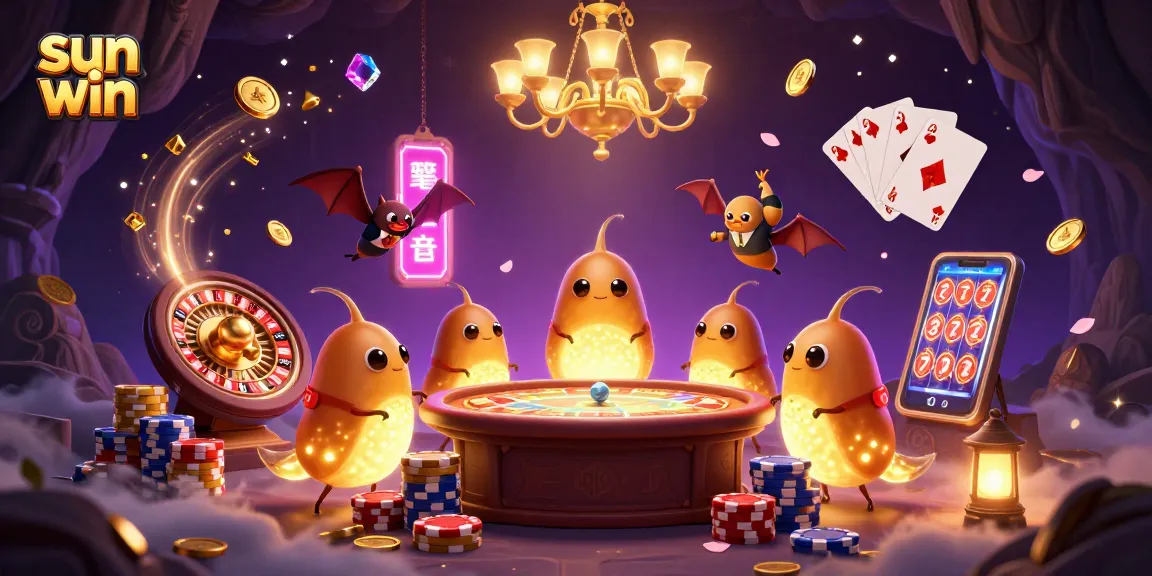 Experience the excitement of sun win as glowworms illuminate a cave casino filled with games and golden gems.