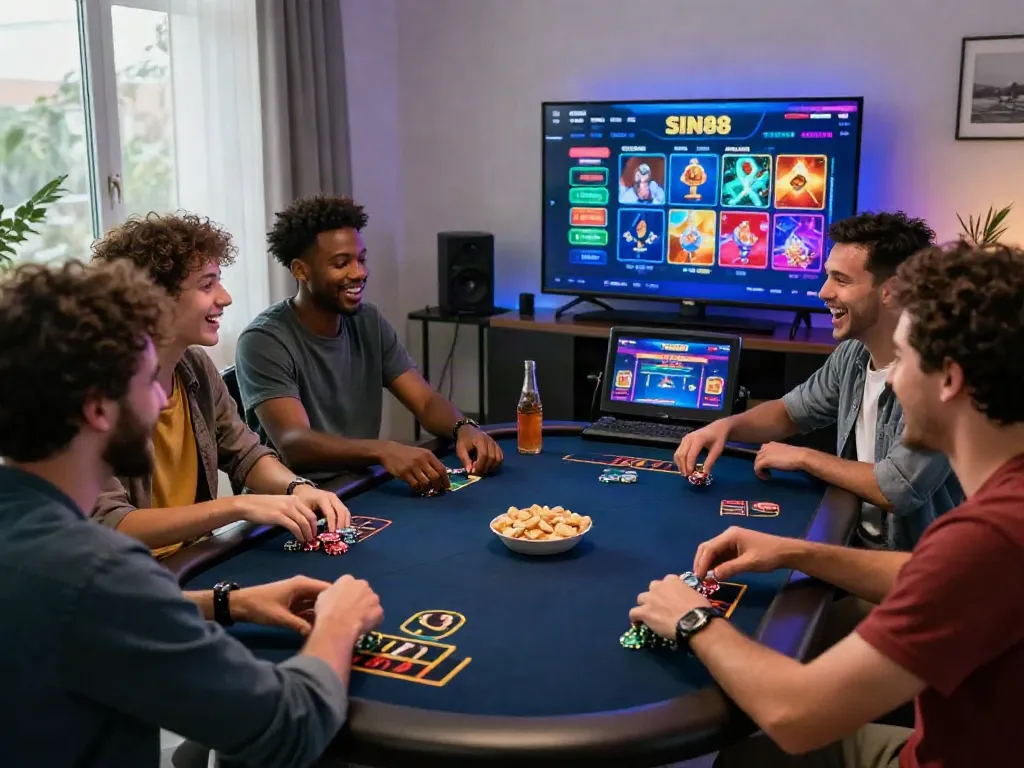 Friends enjoying SIN88 online casino games in a vibrant home setting, showcasing an exciting gambling experience.