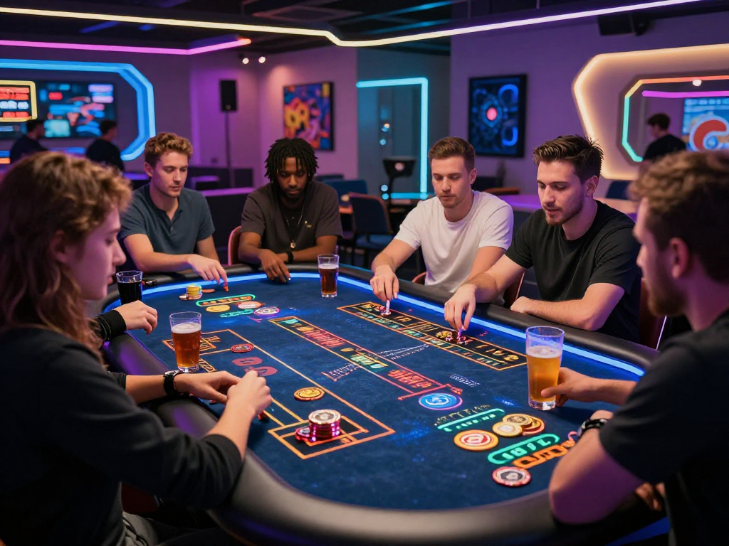 Exciting crypto casino gameplay scene with players at high-tech gaming tables and vibrant lighting.