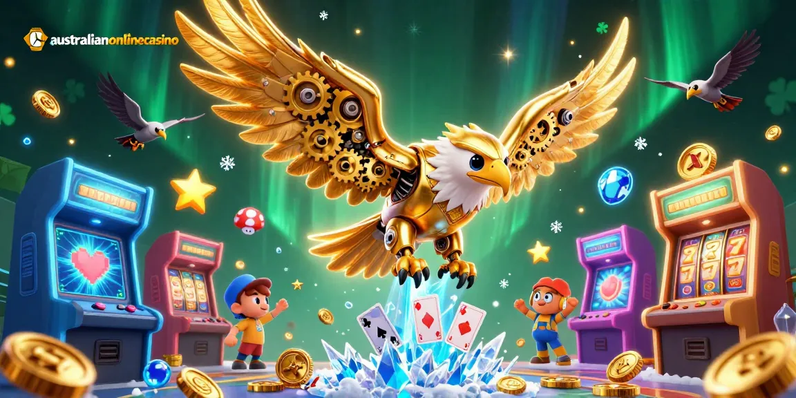 Experience thrilling gameplay at australianonlinecasino with a cybernetic eagle amidst a vibrant casino scene.