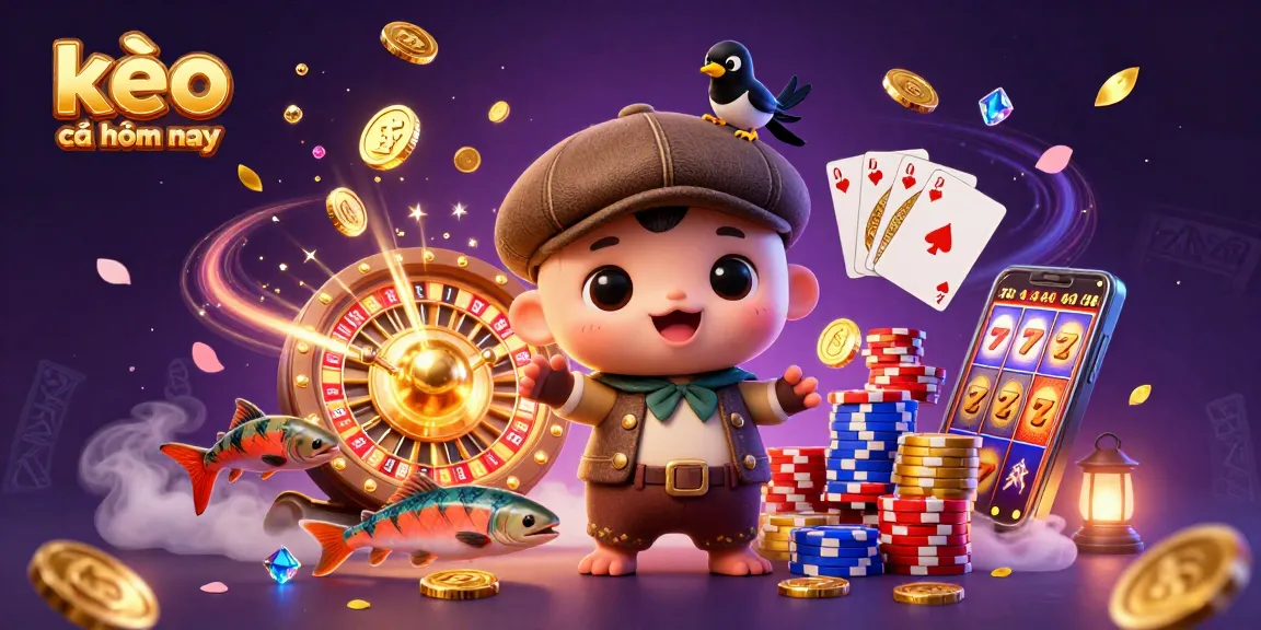 Engage with kèo nhà cái hôm nay in a playful 3D cartoon scene featuring Nessie, a gold magpie, and tartan salmon