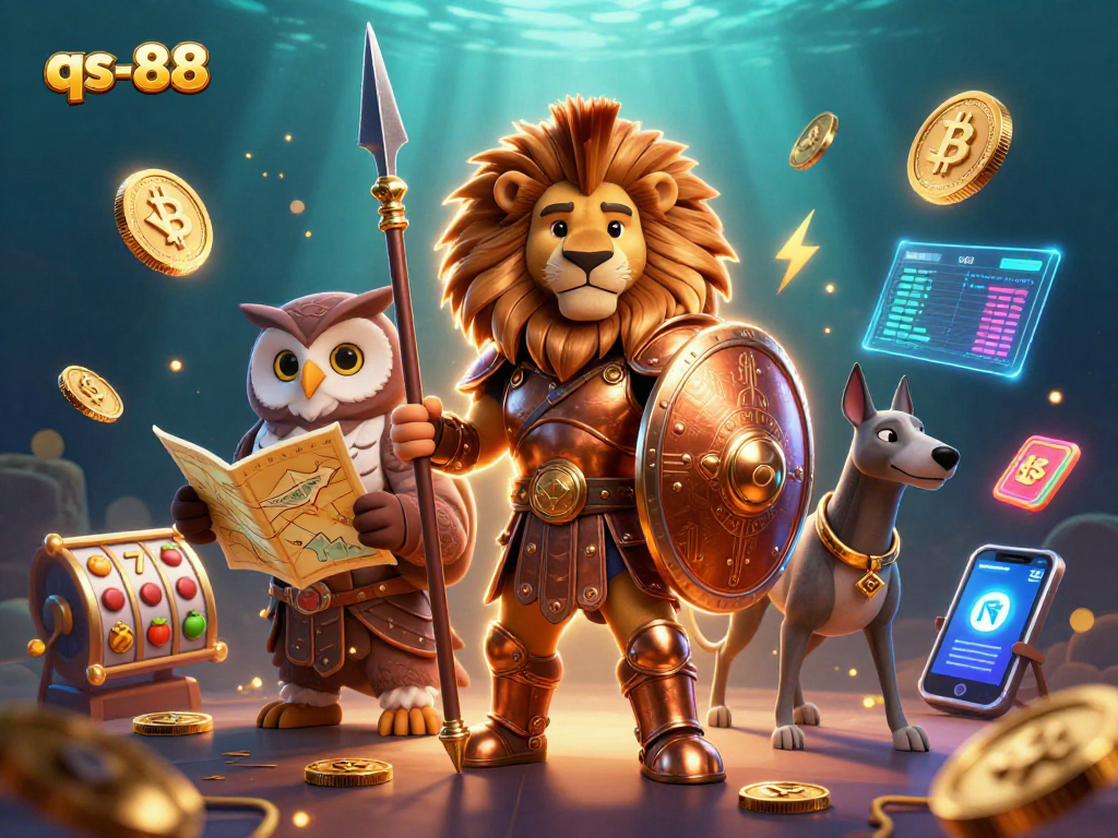 Experience thrilling action with qs-88 in this vibrant 3D casino scene filled with slot reels and crypto elements.