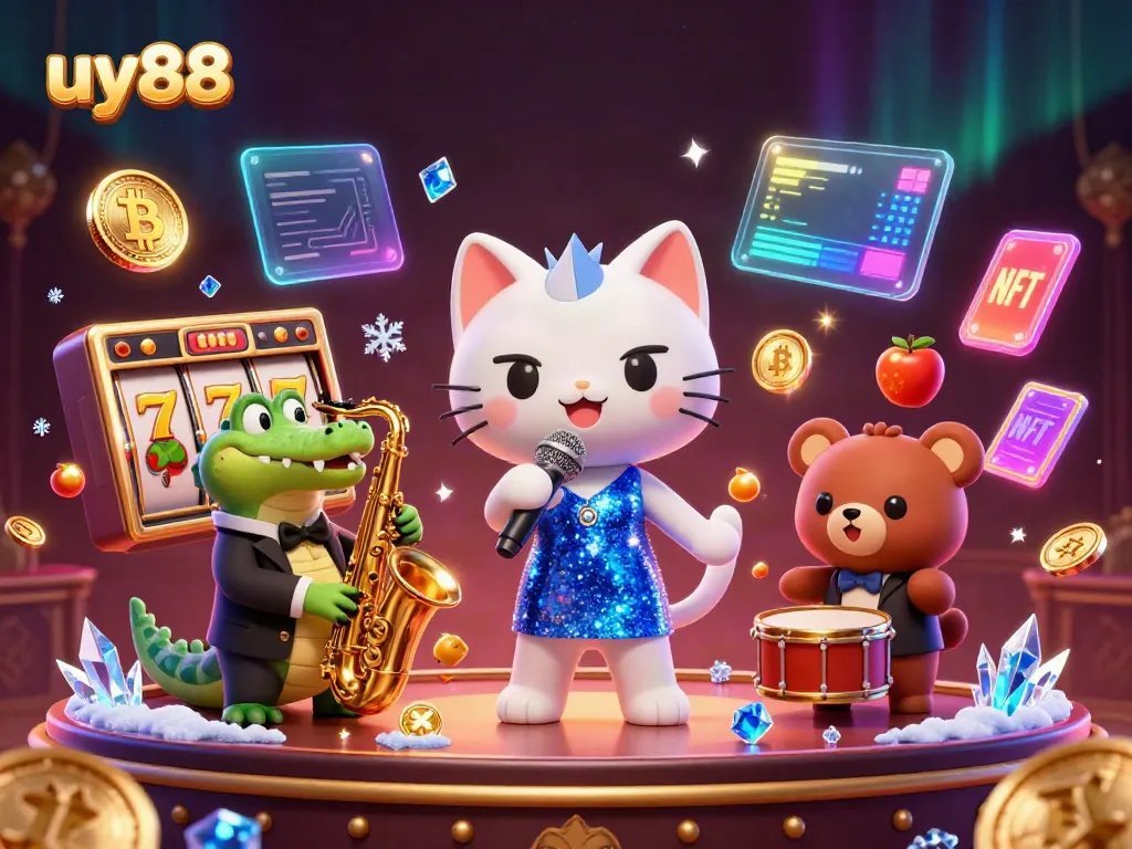 Experience the thrill of uy88's vibrant casino world with a singing cat and jazzy crocodile.