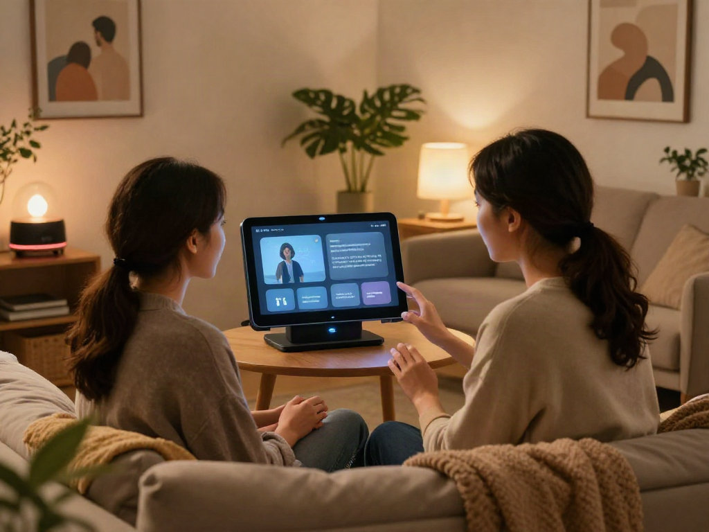 Couple interacting with futuristic sex AI device in a cozy living room.