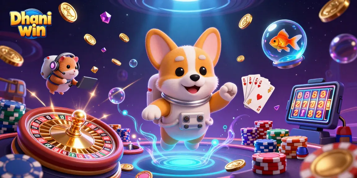 Dhani win: Enjoy thrilling gameplay with a 3D astronaut corgi and floating casino elements in an engaging space scene.