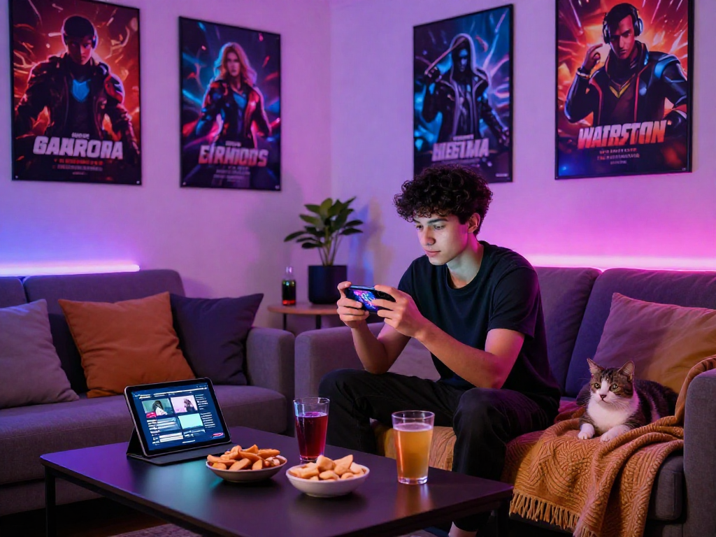 Engaged player enjoying a mobile porn game in a vibrant gaming setup.