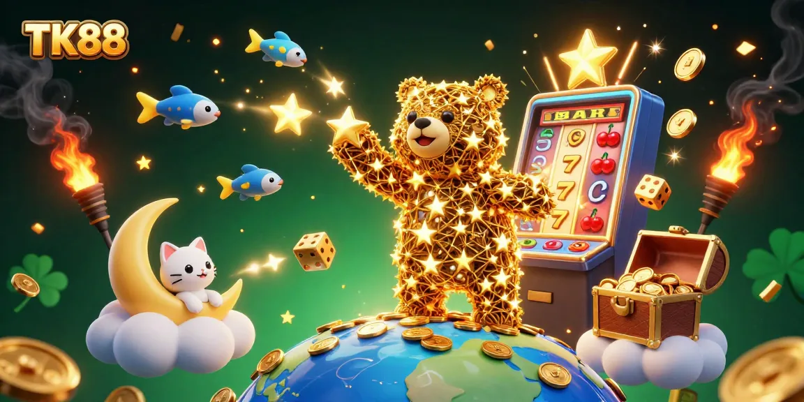 Get ready to play and win at TK88 with a vibrant casino scene filled with golden treasures!