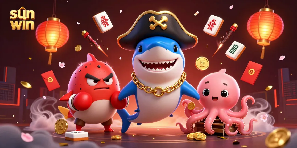 Engage in thrilling gameplay with sun win, featuring a pirate shark, pufferfish, and octopus amid casino elements.