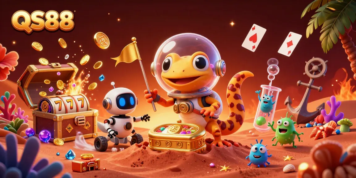 Experience the excitement of QS88's casino games with a Martian gecko uncovering golden treasures.