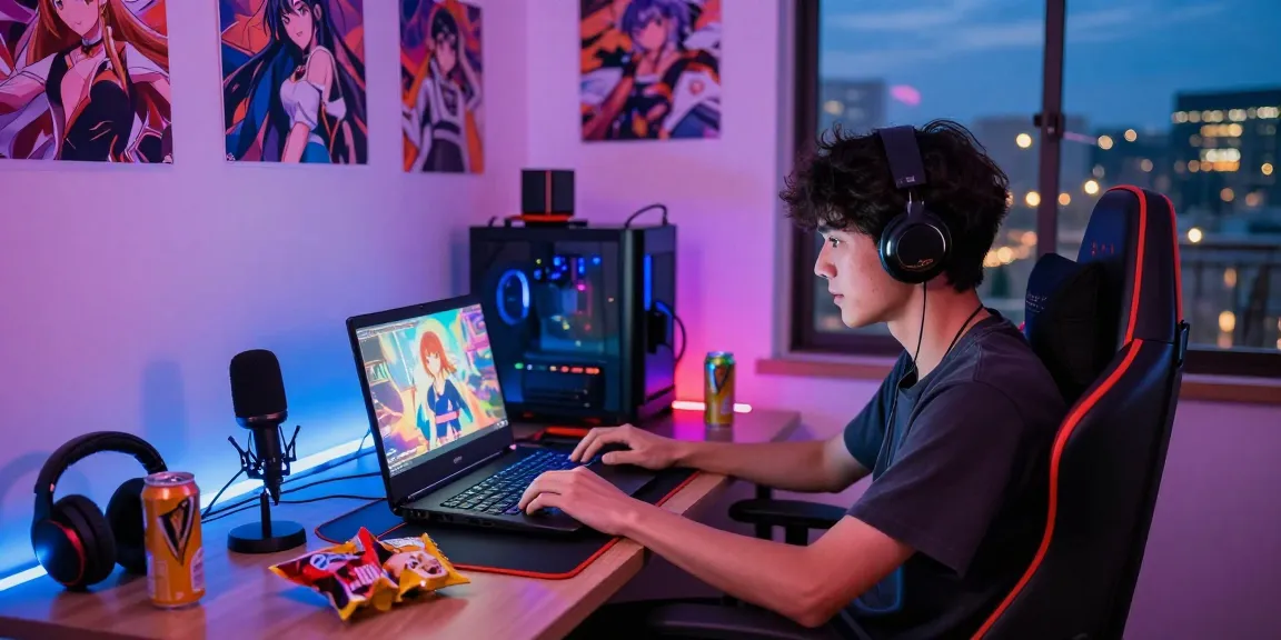 Engaging gaming corner with a player enjoying hentai games on a laptop, anime decor and vibrant LED lights.