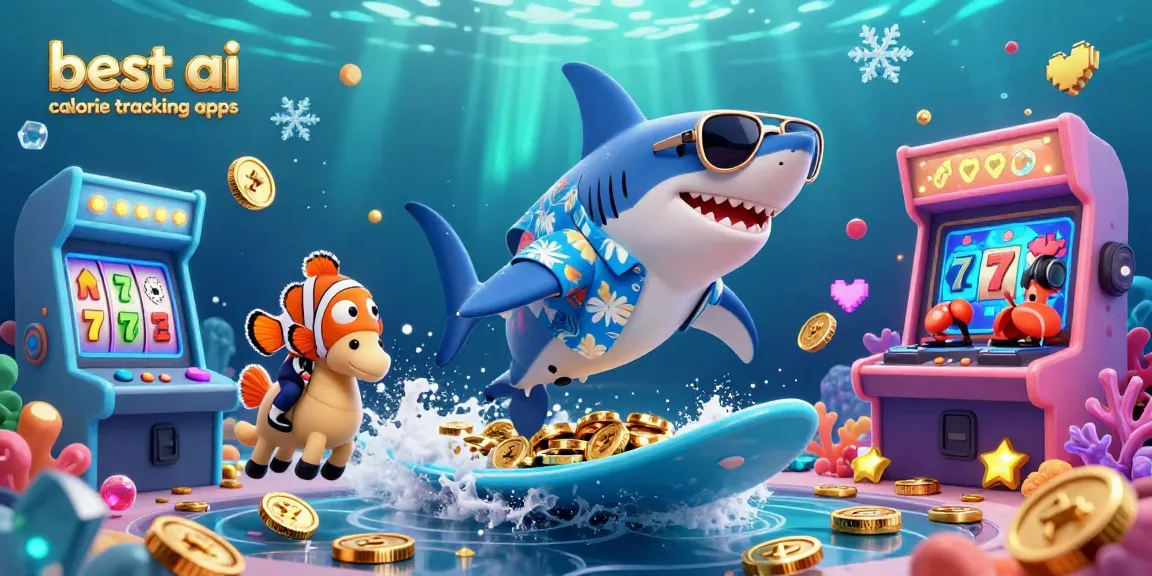 Surf and win with the best ai calorie tracking apps showcasing a shark and seahorse amidst casino elements.