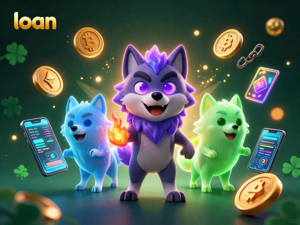 Engage in thrilling casino gameplay with loan strategies amidst glowing cryptocurrencies and magical wolf spirits.