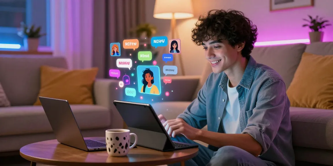 Engaging user enjoying ai nsfw chat with vibrant holographic characters in a cozy ambient room.