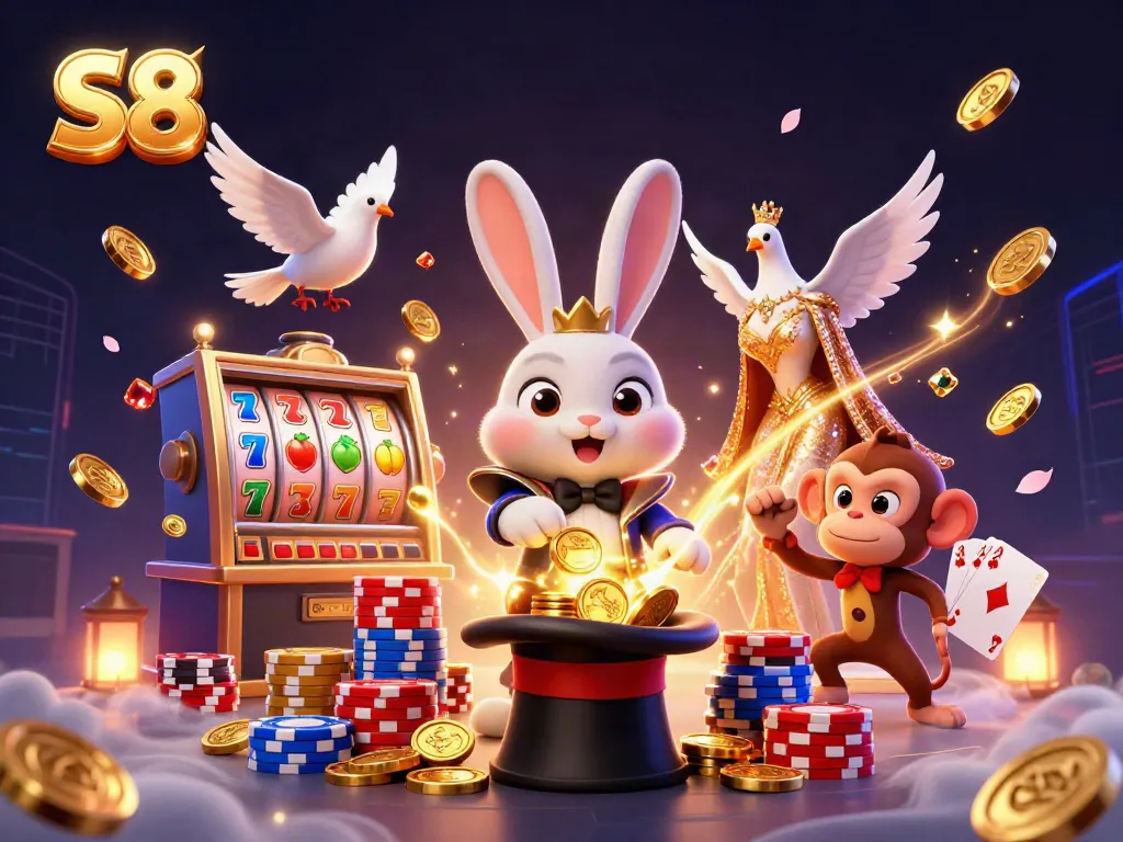 S8 showcases a magical casino scene with a rabbit magician, cascading coins, and poker chips